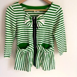 Anthroplogie Moth Green Striped  Zip Up Top Cotton Cardigan Womens Medium Bow